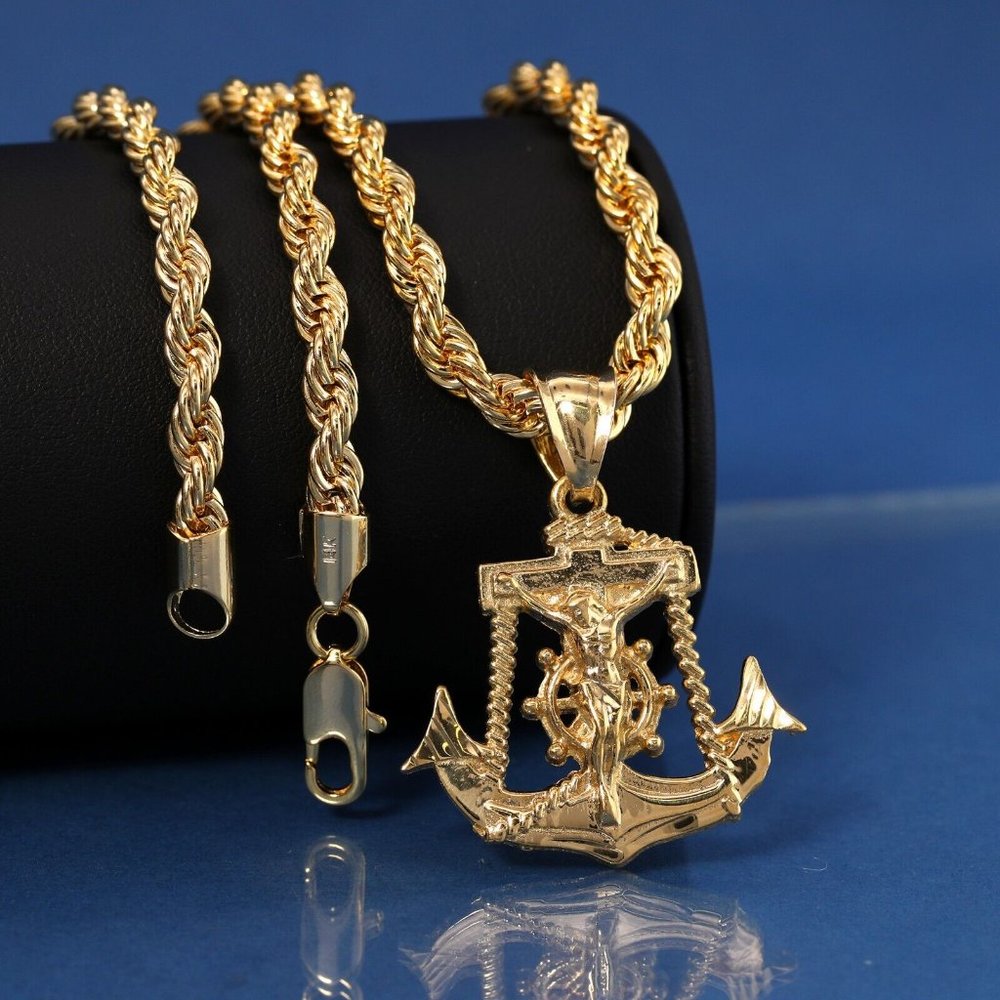 New 14k Gold Jesus Anchor Pendant + Necklace